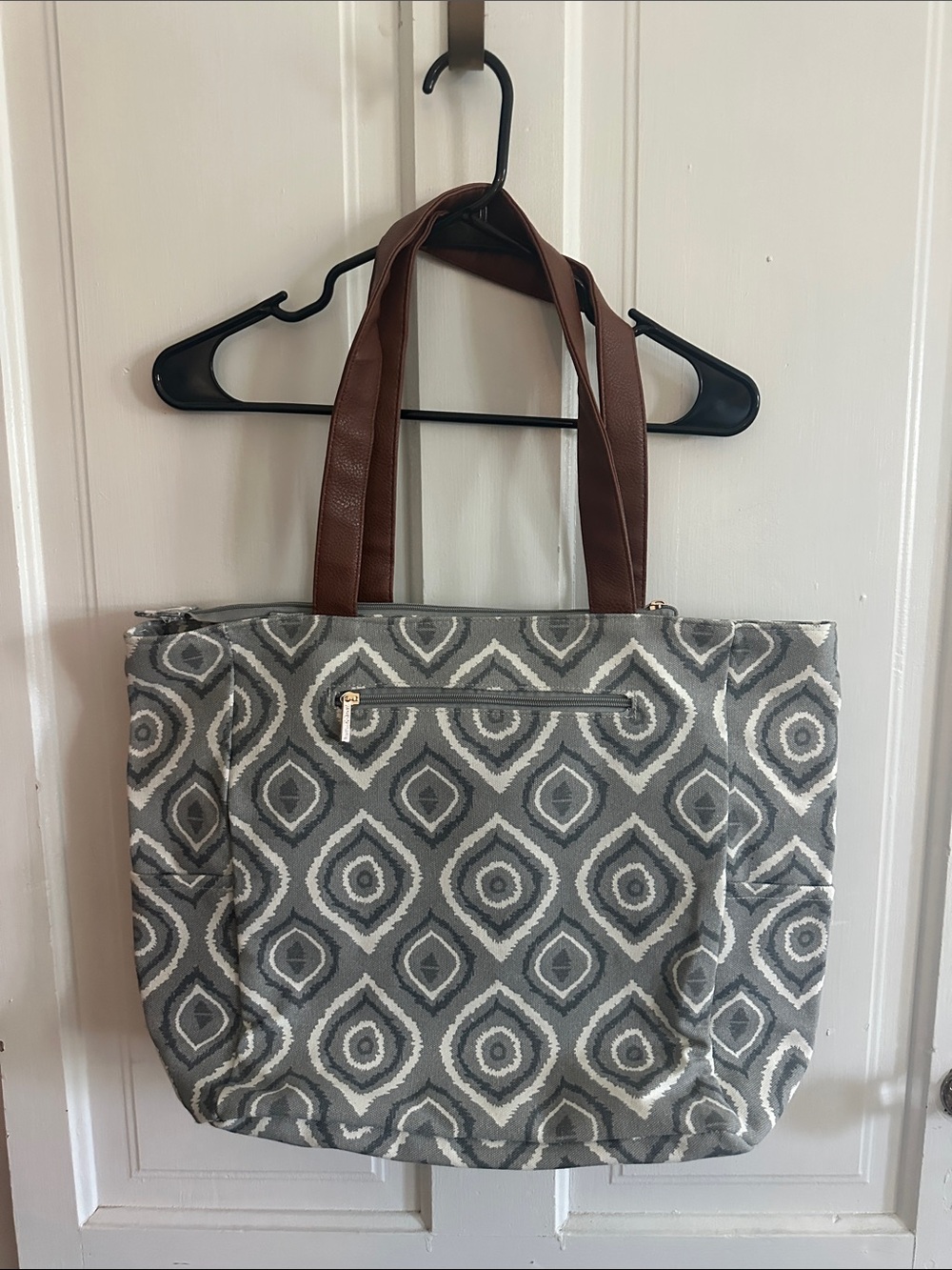 Gray Patterned Tote with Brown Handles - Everyday Essential